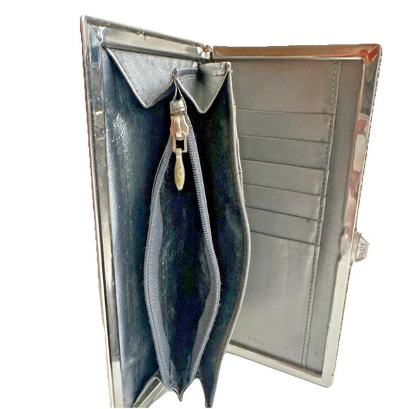 Lodis Chevron Pattern Gold Brown Framed  Metallic Leather Clutch Organizer - Picture 4 of 12